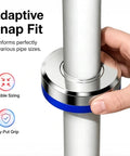 Close-up of Two Piece Magnetic Split Faucet Covers Adjustable Pipe Escutcheon Plates installation on a pipe with adaptive snap fit.