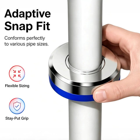 Close-up of Two Piece Magnetic Split Faucet Covers Adjustable Pipe Escutcheon Plates installation on a pipe with adaptive snap fit.