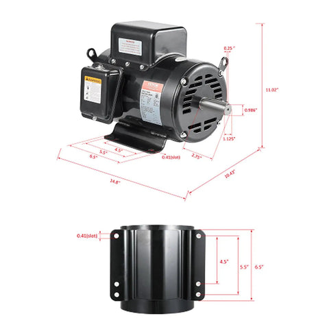 Heavy Duty 7.5 Hp Air Compressor Electric Motor 230V with dimensions showing reversible keyed shaft and frame design.