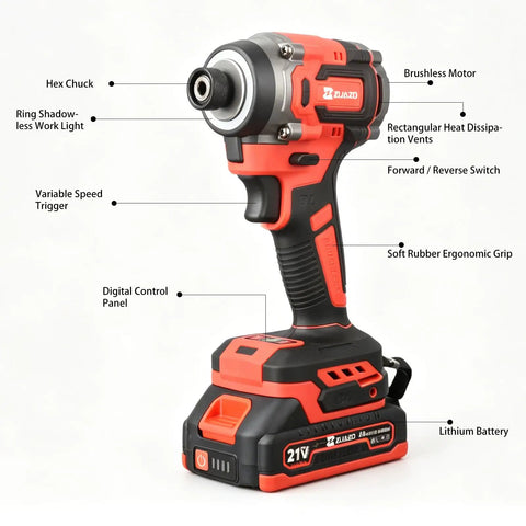 Top Shelf 21V Brushless Cordless Drill And Impact Driver Combo with ergonomic grip and digital control panel.