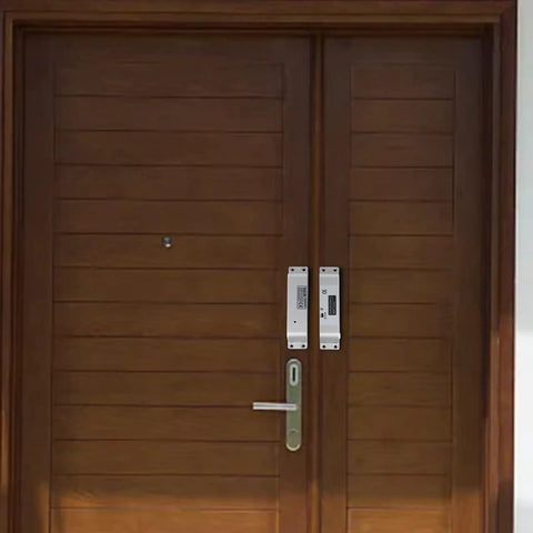 Fail Secure Electric Bolt Lock With Adjustable Delay Settings Heavy Duty Stainless Steel Deadbolt installed on a wooden entry door.