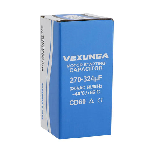 Heavy Duty Top Shelf Round Motor Start Capacitor 270 324 Uf Mfd 330 Vac 50 60 Hertz Single Phase Ac Pool Pump Well Pump Cd60 Molded Swapper For Hassle Free Upgrades in blue packaging.