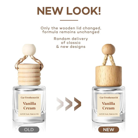 Premium Hanging Car Air Freshener Diffuser Set, Two Pack Vanilla Cream Oil Dispenser With Wood Cap And Glass Bottle, showcasing old and new designs.