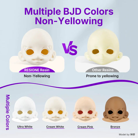 Comparison of non-yellowing RESIONE resin and other resins for BJDs in multiple colors. Abs Tough 3D Printer Resin For BJDs And Art Figures Built Different With Badass Wear Resistance And Knotty Joints That Just Never Break Down 1Kg Vat Of Topshelf Model Making Compound.