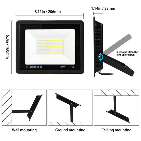 Two Pack 60W Plug In LED Flood Light For Outdoor Use Featuring Kickass Brightness 6000 Lumen Coverage And A Sweet 5.9 Foot Cable With IP66 Waterproof Rating For Garage Porch Yard Security Lighting Setup with dimensions and mounting options.