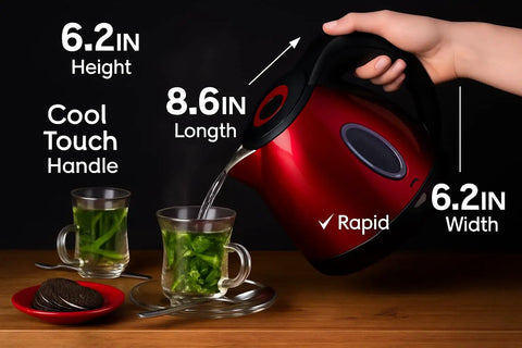 Red One Point Two Liter Cordless Electric Kettle 1500 Watt Fast Boil Stainless Steel pouring water into cups of tea on table.