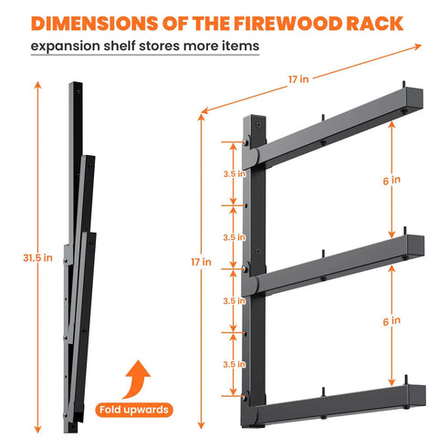 Dimensions diagram of Heavy-Duty Wall Mounted Lumber Rack, Beefy Three-Tier Garage Shelf in black showing 31.5 in height and 17 in width.