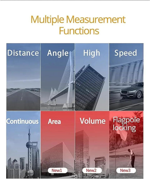 Infographic showing multiple measurement functions including distance, angle, height, speed for the 1500M Golf Rangefinder With Color Touch Screen And Slope Compensation Laser Distance Meter Featuring Angle Mode Obstacle Clearance Lock Speed Settings For Crushing Fairway Strokes And Outdoor Adventures.