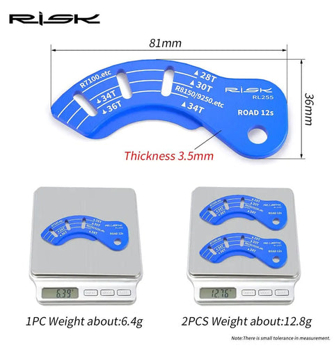 12T Electric Rear Derailleur Adjuster Gauge Tool For Road Bikes Chain Gap Guide shown on scales with dimensions and weights
