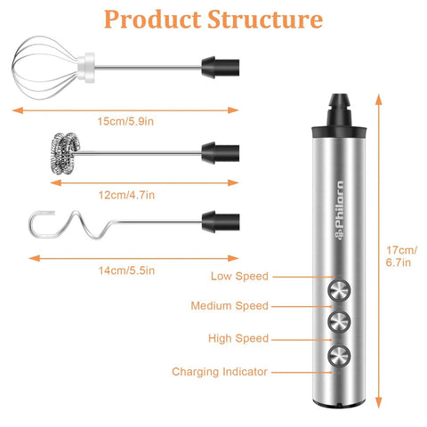 Rechargeable USB C Milk Frother With Stand, Handheld Wand With 3 Heads And 3 Speeds For Latte Cappuccino Matcha Almond Milk And More