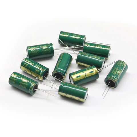 10 Pack Tough As Nails 3300Uf 25V Aluminum Electrolytic Capacitors 13X25Mm arranged on a white background showing green casings.