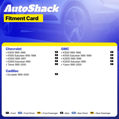 AutoShack fitment card for Front Wheel Hub Bearing Assembly 6 Lug Pair Straight Bolt On Replacement For Chevy K1500 Tahoe 1995 To 2000 4WD.