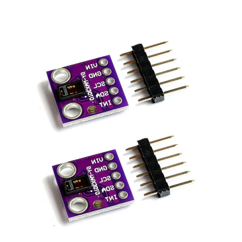 Image of two MAX30102 Low Power Heart Rate And SpO2 Sensor Breakout Boards with connectors, for Arduino and ESP32 projects.