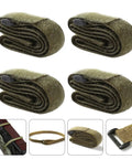 Heavy Duty Ratchet Tie Down Straps Pack Of Four To Boss Down Your Luggage Gear And Cargo On Outdoor Camping Trips With Tough Polyester Webbing And Rock Solid Load Holding Power, rolled straps in green.