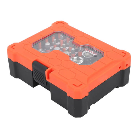 23 Piece Socket Wrench Set Featuring A Slick 72 Tooth Ratchet And Sixteen Tough S2 Bits For Real Deal Auto Grind and Weekend Warrior Garage Projects Accessories in an orange and black storage case.