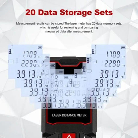 Pro Laser Distance Meter 60M Sick Precision Digital Measure Tool showing 20 data storage sets on LCD backlit display.