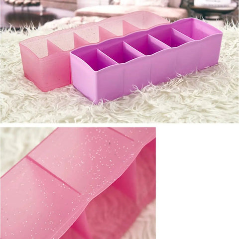 Solid Plastic Underwear Organizer Box With Five Grid Dividers For Closet Drawer Storage in pink and purple designs.