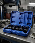Premium Heavy Duty 12 Point Deep Groove Socket Wrench Set 6 Piece Black Alloy Steel Tool Kit in blue case on garage table.