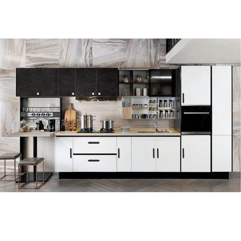 Modern kitchen with black and white cabinets featuring 10 Pack Self Stick Push Pull Helper ABS Plastic Wardrobe Handles For Cabinets And Drawers.