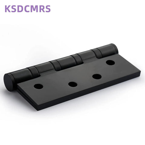 Top Shelf 4 Inch Matte Black Heavy Duty Stainless Steel Door Hinges With Non Removable Pin For Rock Solid Outswing Security And Smooth Whisper Quiet Operation 2 Pack, close-up view showing hinge design and holes.