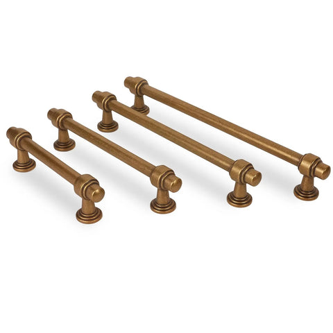 10 Pack 5 Inch Antique Brass Cabinet Pulls Solid Zinc Alloy Drawer Handles in four sizes for easy installation in vintage kitchens.