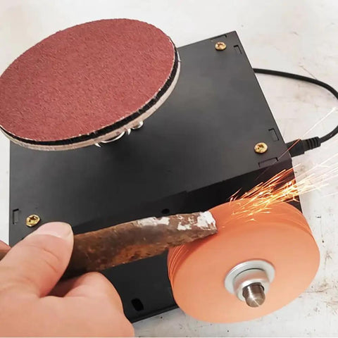 Heavy Duty Dual Motor Benchtop Grinder Featuring Rock Solid Steel Construction Copper Wired Motors Smooth Grinding Action Zero Lag Polisher in use with sparks flying