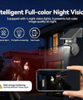 Weatherproof Security Rig Ships With Built In Sim Card For Easy 4G LTE Access And Draws Solar Power To Skip Wi Fi Setup While Surviving IP Sixty Five Rain Damage Plus Quick 360 Degree Pan Tilt View And Clear Two Way Talking, showing night vision feature.