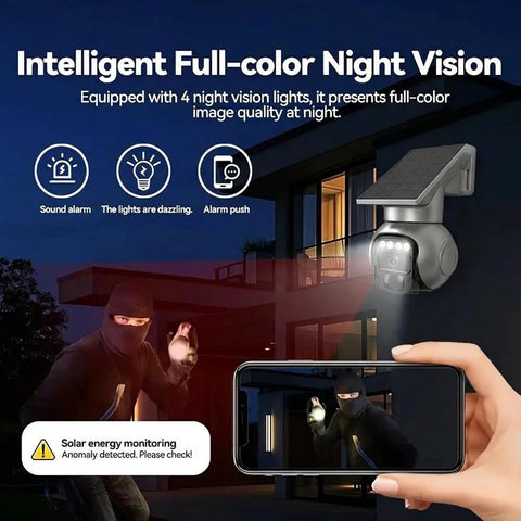 Weatherproof Security Rig Ships With Built In Sim Card For Easy 4G LTE Access And Draws Solar Power To Skip Wi Fi Setup While Surviving IP Sixty Five Rain Damage Plus Quick 360 Degree Pan Tilt View And Clear Two Way Talking, showing night vision feature.
