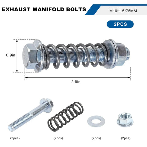 Heavy Duty M10x1.5 Exhaust Manifold Bolts with springs and washers in a set of two, designed for muffler repairs.