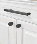 10 Pack 5 Inch Knurled Cabinet Pulls Matte Black Drawer Handles Slick Grip For Kitchen Cupboards Rock Solid Hardware Top Shelf Design Easy Peasy Install For Closets And Dressers displayed on a white cabinet.
