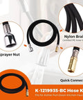 67 Inch Bright Chrome Pull Down Kitchen Faucet Hose Kit With DockNetik Magnetic Docking System NSF Certified Replacement Part K1304674BC shown with sprayer nut, nylon braid, and quick connector components.