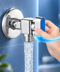 Heavy Duty Half Inch Angle Stop Valve 2 Pack Brass Ball Shut Off With Red And Blue Handles For Water Heater Kitchen Plumbing High Flow Chrome Plated Finish No Sweat Install Rock Solid Durability Proven, chrome valve in use with water flowing.