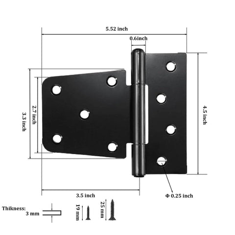 Three And A Half Inch Heavy Duty Gate Hinges Eight Pack Black Iron T Hinges For Barn Doors Fences And Sheds With Dimensions