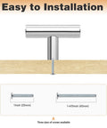Easy installation diagram of Polished Chrome Cabinet Knobs And Handles 5 Pack Stainless Steel Single Hole Euro T Bar Drawer Pulls for cabinets with screw sizes shown.