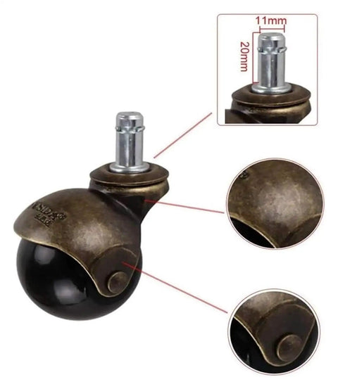 Slick Rolling Two Inch Ball Swivel Castor Wheels Vintage Brass Finish Sharp Stem Replacement for office chairs with black ball.