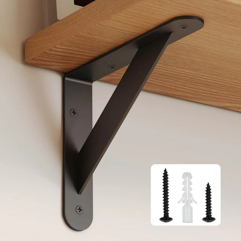 Built Tough As Nails 12X8 Inch Heavy Duty L Brackets For Shelves, black steel triangular mount holding wooden shelf with install hardware.