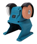 Go Anywhere Cordless Mini Bench Grinder Spinning 5500 Rpm Through Dual 70mm Wheels Locked To A Rock Solid Suction Base shown from front view.