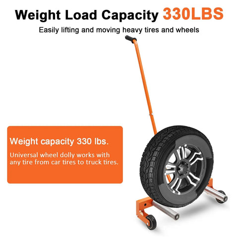 Built Like A Tank Heavy Duty Tire Dolly With 350 Lbs Capacity And Industrial Grade Steel Frame Featuring Smooth Swivel Casters For No Sweat Garage Auto Repair Shop Work, with tire mounted and detailed stem.