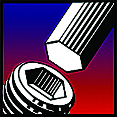 Illustration of hex key and bolt for Power-T Handle Hex Key Set, 11 Piece Allen Wrench Kit with SAE Inch Sizes 5/64 Through 3/8, 9 Inch Series