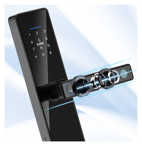 Heavy Duty Smart Door Lock With Fingerprint Reader And Backlit Keypad Keyless Entry Electronic Deadbolt For Home showing keypad and fingerprint reader.