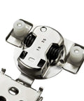 Close-up of Two Pack One Half Inch Overlay Soft Close Kitchen Cabinet Hinges in stainless steel with adjustable mechanism and satin nickel finish.
