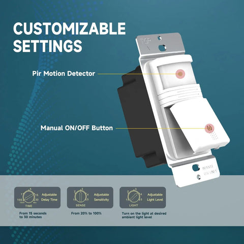 3 Way Occupancy Motion Sensor Light Switch With Neutral Wire, Hands Free PIR Infrared Motion Activated, Adjustable Timer And Sensitivity