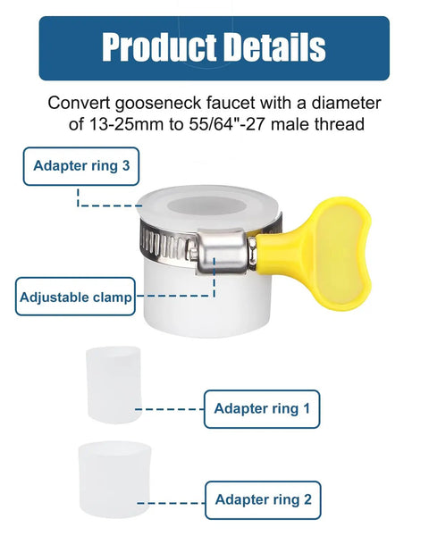 Three Piece Faucet Adapter Kit Universal Sink Hose Adapters With Two Fine Thread And One Coarse Thread For Portable Washer Garden Hose Water Filter Outer 15 To 24 Millimeter Silver No Fuss Setup displayed with adapter rings and clamp