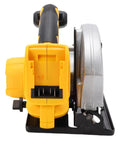 Heavy Duty Cordless Circular Saw With Brushless Motor And 5300 RPM To Slice Through Wood Up To 7 1/4 Inches showing front view with yellow body and silver blade.