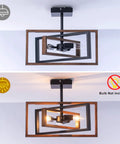 Dope Industrial Rectangle Flush Mount Ceiling Light with rotatable metal frame in rustic faux wood finish, three-arm design