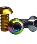 Premium Gr5 Titanium Hex Socket Buttonhead Cap Screws M8 X 1 25 By 45 mm Thread Length Six Piece Set with gold and rainbow finishes.