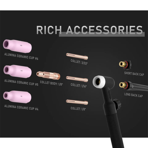 Lift TIG Torch WP-17V 150 Amp 13 Ft Air Cooled TIG Welding Torch accessories including alumina ceramic cups and collets