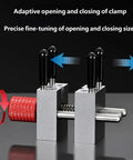 Aluminum Four Post Clamp Tool For Fine Assembly And Small Part Positioning, Handy Portable Manual Repair Fixture For Detail Work, Quick Setup And Reliable Holding At Your Hobby Bench Or Workshop showing adjustable jaws and red knob