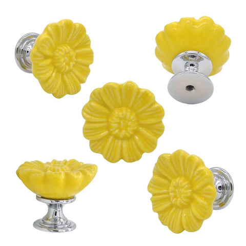 Fresh Vibes Vintage Daisy Drawer Knobs And Cabinet Pull Handles In Cheerful Yellow Ceramic With Solid Zinc Backplates Includes Six Pieces Plus Easy Install Screws for furniture.