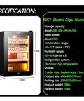 Top Shelf Electric Cigar Humidor For Men Kickass Cedar Wood Cabinet with specifications and dimensions displayed.